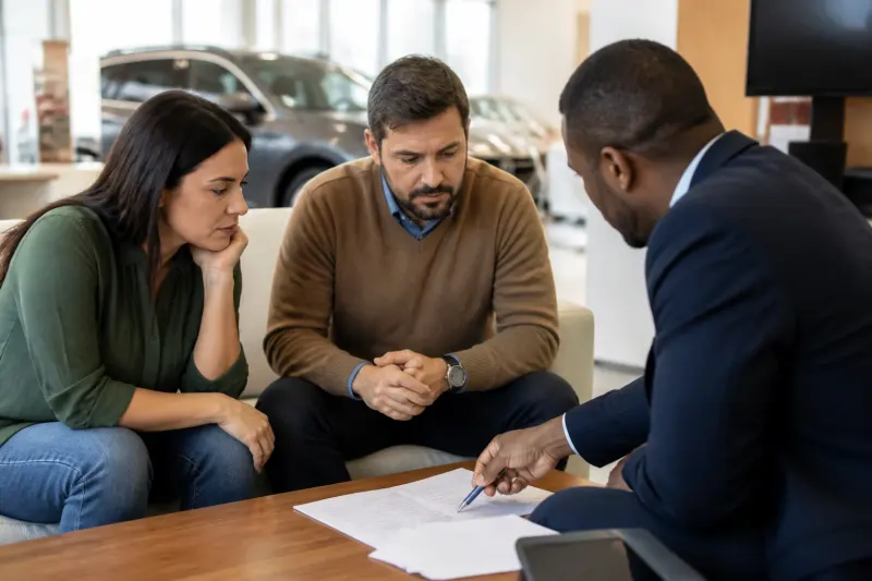A family discussing vehicle options in a dealership