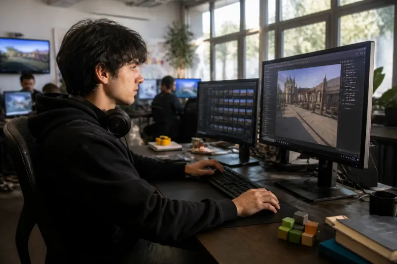 Roblox game creation interface with AI tools.