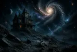 A dramatic representation of horror elements in outer space, featuring a haunted house and cosmic scenery.
