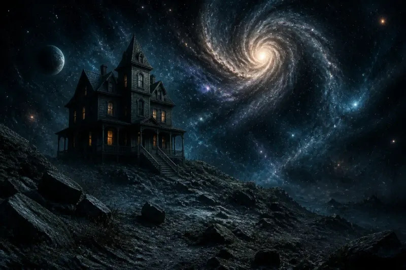 A dramatic representation of horror elements in outer space, featuring a haunted house and cosmic scenery.